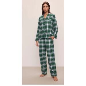 NWT Eberjey FLANNEL LONG PJ SET IN TARTAN PLAID FOREST GREEN Women Med